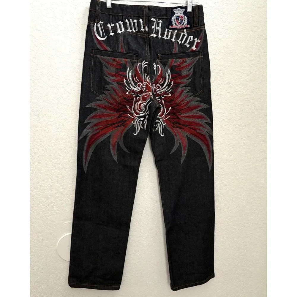 Vintage New Crown Holder Mens embroidered Jeans 32x32 Y2K Hip Hop Dark Wash